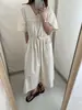 Wensen Online Estilo Coreano Vestido Casual Holgado de Cuello en V para Mujer Verano Bolsillo con Solapa Diseño Pantalón Falda Larga de Manga Corta 69682