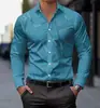 Camisa de manga larga para hombre, no necesita planchado, con estampado digital de líneas, cuello clásico casual, camisa no planchada y resistente a las arrugas para hombre