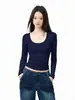Top Cuadrado Puro Algodón Manga Larga para Mujer, Ropa Interior de Otoño Capa Base, Color Sólido Ajustado, Hombro Normal, Camiseta de Escote Amplio
