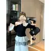 Camiseta de Manga Larga Off-Shoulder con Bloques de Color, Lunares y Parches Estilo Ballet Pure Desire para Mujer, Top Spicy Girl con Cintura Fruncida y Volantes para Primavera y Otoño