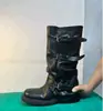 Botas de Cuero con Hebilla para Mujer, de Suela Gruesa, Tacón Grueso, Modernas, Piernas Largas, Estilo Motocicleta Nuevo 2026, Botas Largas Arrugadas, para Pantorrilla Ancha