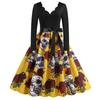 Roupas Femininas de Halloween Fornecimento Transfronteiriço Estilo Vintage Estampa Floral Vestido de Manga Longa com Decote em V Estampa de Caveira e Barra Larga
