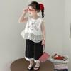 Traje de Moda para Bebé Niña Estilo Coreano Vestido de Verano para Niños Estilo Occidental Dibujos Animados Sin Mangas Lunares Encaje Pantalones Conjunto de Dos Piezas