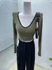 Ins Internet Popular Estilo Extranjero Color de Contraste Cuello en V Ajustado Sexy Manga Larga Camiseta Mujer Corta Ajustada Camisa Base Interior Top Delgado