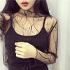 Camisa de Malha Jinhan para Primavera e Verão, Roupa de Malha Fishnet Feminina, Transparente Sexy Gola Alta Pequena Manga Longa Estilo Ins
