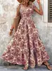 2025 Comercio Transfronterizo de Amazon Vestido Vintage Estampado de Moda Elegante Cuello en V Manga Corta Vestido Largo Ropa para Mujer