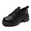Zapatos de cuero informales con plataforma y cordones para mujer, calzado de otoño, con punta redonda y tacón grueso, de piel auténtica, estilo británico, vintage, de una sola capa.