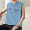 Chaleco de Algodón Puro para Hombre de Moda Verano Ropa Exterior Chaleco Deportivo de Fitness Sudadera con Estampado de Letras Camiseta sin Mangas de Algodón Cuello Redondo