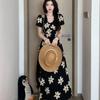Impresionante Vestido Negro Estampado de Cuello en V Estilo Francés con Cintura Ceñida, Nuevo Vestido Largo Estilo Hepburn Verano 2025 para Mujer