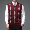 Chaleco de punto para hombre transfronterizo, ropa de negocios casual para hombre, 6% lana, jacquard de patrón de rombos otoño e invierno, suéter sin mangas con cuello en V