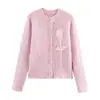 Outono 2025 Novo Tricô Leve de Luxo Artesanal Pesado com Florais Tridimensionais Gola Redonda Estilo Suave Jaqueta Cardigan Top para Mulheres