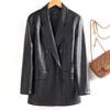 Amazon al por mayor nuevo blazer de doble botonadura con hombreras versátil para mujer, chaqueta de cuero Haining de doble botonadura de longitud media para mujer