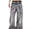 Moda Retro de la Calle Principal Americana Cintura Doble Jeans Casuales Estampado de Leopardo Impresión 3D para Hombre Otoño Pantalones Anchos Largos con Caída