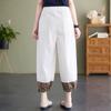 Foto Real de Verano 2025 Literario Retro Suelto Algodón y Lino Diseño de Combinación de Colores Cintura Elástica Casual Pantalones Bombachos Tres Cuartos para Mujer