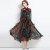 Vestido de primavera ropa de mujer Nuevo 2023 retro cuello de lazo manga larga gasa vestido estampado comercio exterior