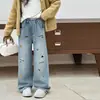 Calças de Lã para Meninas Outono e Inverno Novo Estilo Jeans com Forro de Lã Calças Longas Engrossadas Versão Coreana Calças de Perna Larga Soltas Estilosas