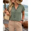 Camiseta de Verano para Mujer, Color Sólido, Cuello en V, Encaje, Manga Corta, Estilo Casual y Elegante, Comercio Exterior Europeo y Americano de Amazon