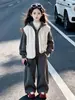 Conjunto Informal de Terciopelo para Niña Grande de Invierno Ropa Infantil Niñas Sudadera con Capucha Pantalones Informales Ropa Deportiva Conjunto de Dos Piezas