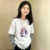 Camiseta de Manga Longa para Meninas Estilo Primavera e Outono 2026 Nova Peça Falsa Dupla Camada Base Infantil Roupa de Outono Top de Algodão Puro para Menina