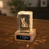 Reloj de Cristal con Luz Nocturna para Escritorio, Adornos, Lámpara de Mesita de Noche, Regalo de Navidad para Niñas, Recuerdo de Mascota de Cristal
