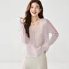 Nuevo Cardigan de Punto de Cachemira para Mujer de Color Liso Otoño Cuello en V Hueco Holgado Adelgazante Versátil Superior Hueco