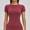 Camiseta de Manga Corta Redonda con Cintura Ceñida y Acabado Cepillado Transfronteriza para Mujer, Ropa Deportiva para Exteriores, Running, Fitness, Yoga 2546