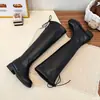 Botas de cano alto lisas com bico redondo e salto grosso com cadarço atrás para meninas, de comércio exterior infantil europeu e americano.