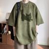 Camiseta Masculina de Verão Manga Curta Suede Estampada Gatinho Estilo Hong Kong Marca Trendy Top Criativo Ins Casual Versátil Camiseta Distinta