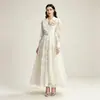 Suministro Directo de Fábrica Vestido Largo Bordado con Encaje Traje de Principios de Otoño Cuello de Traje Manga Larga Broche Tridimensional Vestido de Fiesta para Mujer