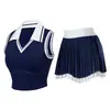 Conjunto de Tênis Sutiã Esportivo Feminino Colete sem Mangas Fitness Saia Dupla Camada Anti-exposição Saia Plissada de Golfe