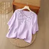 Camiseta de cuello en V con bordado pesado para madres, adelgazante, top versátil, elegante top de manga corta holgado transpirable de algodón y lino