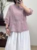 Camisa de Ramio para Mujer Verano Vintage Bordado Artístico Solapa Inclinada Hebilla Guofeng Cárdigan Suelto Casual Camisa Protector Solar