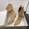 Botas de tacón de aguja plisadas de estilo vintage para mujer, de media pantorrilla, para otoño e invierno, botas de montar de punta alta hasta la rodilla, botas de tacón de bloque con corte en V