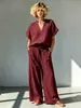 2026 Amazon Europa América Transfronteiriço Verão Novo Algodão Linho Casual Gola V Manga Curta Conjunto de Camisa + Calça Wide Leg Feminino
