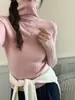 Camiseta Base de Punto de Lana Merino 100% Ultrafina 26 Otoño Nuevo Estilo Coreano Color Sólido Cuello Alto Manga Larga para Mujer