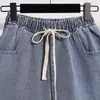 Tiro Real de Shorts de Mezclilla para Mujer para Verano, Tallas Grandes, Estilo Delgado con Cordón, Corte Holgado para Caderas Anchas, Línea A, Dobladillo Enrollado, Hot Pants de Pierna Ancha, Modernos