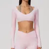 Europeo y Americano Halter Falso Dos Piezas Fitness Manga Larga Cuello en V Grande Corto Alta Elasticidad Transpirable Running Deportes Yoga Manga Larga 2588