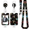 Porta-cartões de plástico com padrão floral, porta-crachá de identificação para trabalho com cordão e fivela retrátil, protetor de crachá de funcionário e cartão de ônibus
