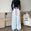 Calça Jogger Esportiva Casual Bordada Patchwork Retrô Americana para Mulheres Outono 2025 Nova Larga Reta Wide-Leg Cargo