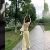 Conjunto de Top Tubo Estilo Sereia e Calças Longas em Estoque, Calças Casuais de Perna Larga de Algodão e Linho para Mulheres, Verão