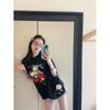 Roupa Top Estampada Estilo Academia Simples Moda Nacional Gola Pequena Camiseta de Algodão Manga Curta Sabor de Hong Kong Manga Meia-manga Rua Bonito