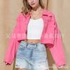 23 Amazon Comércio Exterior Nova Jaqueta Jeans Primavera e Outono Strass Franja Manga Longa Vermelho Rosa Jaqueta Jeans Fábrica