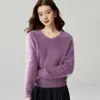 Suéter de cachemira 100% cepillada con cuello en V para mujer, corte holgado, color liso, cachemira suave cepillada, top base sin costuras para otoño e invierno
