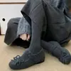 Outono e Inverno Celebridade da Internet Sapato Mary Jane com Laços Duplos para Aumentar a Altura Interna, Sola Grossa, Forrado com Pelo para Mulheres, Estilo Coreano, Retro, Casual, Sapatos de Algodão