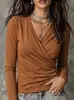 2026 Amazon Europa y América Transfronterizo Otoño Nuevo Estilo Ropa para Mujer Cuello en V Cruzado Mangas Largas Plisada Camiseta Top Casual Mujer