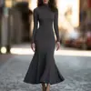 Vestido de punto estilo europeo y americano, de cuello alto, manga larga, estilo cola de pez, corte ajustado, elástico, bodycon, falda larga elegante