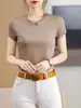 Camiseta de color liso con cuello redondo para mujer, manga corta de algodón mercerizado, base, manga media, corte ajustado, adelgazante, para el trabajo, primavera y verano, nueva, manga corta