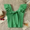 Chaleco de Punto de Color Sólido con Puntadas para Mujer Verano Todo Fósforo Ruffled Top de Temporada Tirante Corto Acelerador de Ritmo con Lazo