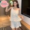 Pijama de Comércio Exterior Feminino Verão Bonito Doce Ins Estilo Sling Cardigan com Almofada no Peito Roupa de Duas Peças Roupas para Casa
