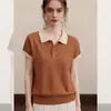Camiseta de Manga Corta con Cuello Polo y Rayas Marrones para Mujer, Diseño de Punto de Seda Helada de Verano, Top Corto Holgado